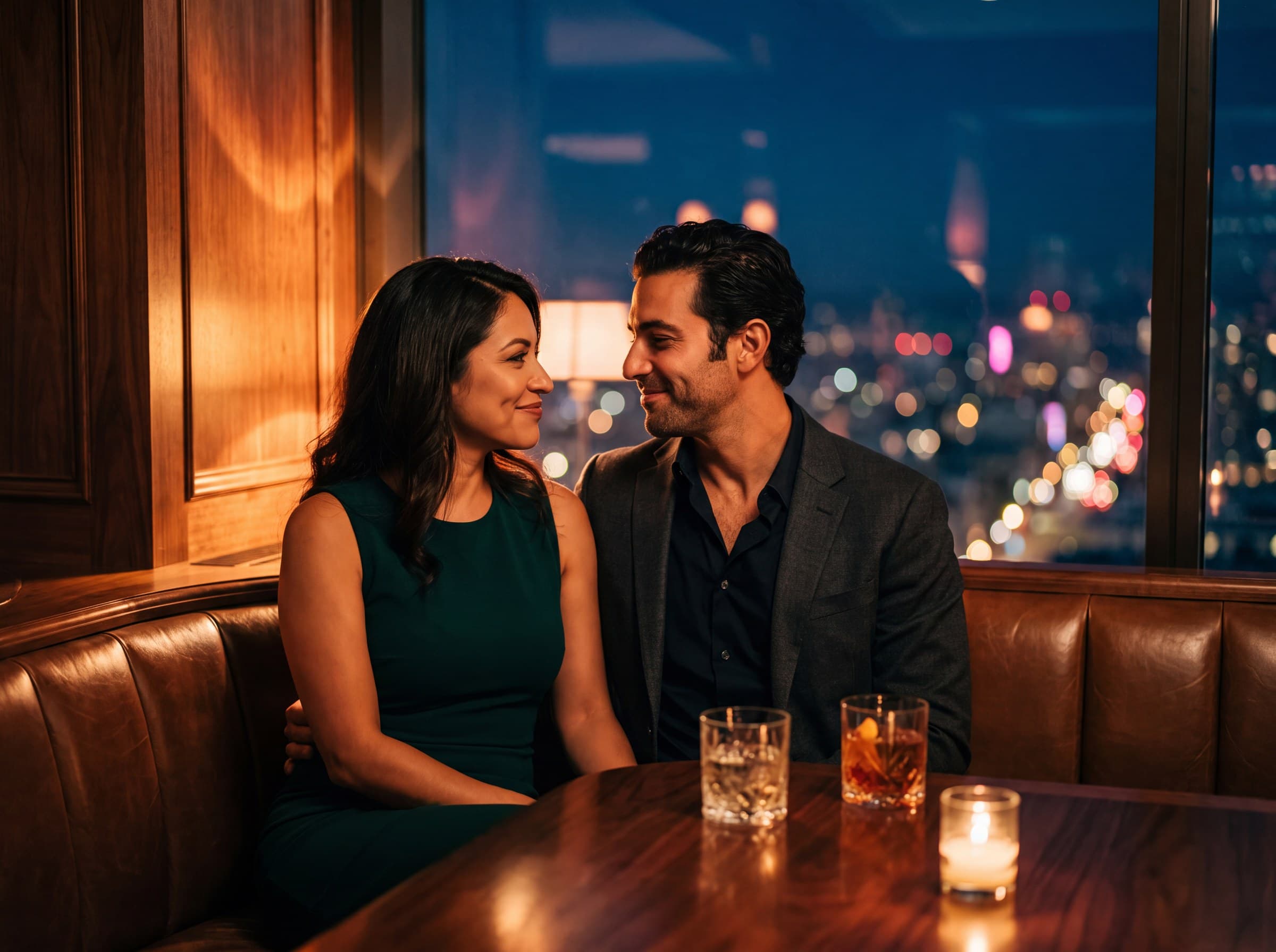 A couple talking over drinks at a San Francisco cocktail lounge at night