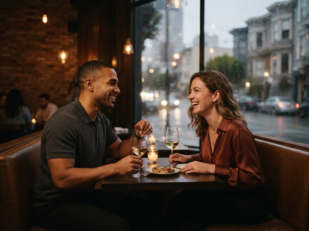 Two people laughing together over dinner at a San Francisco restaurant