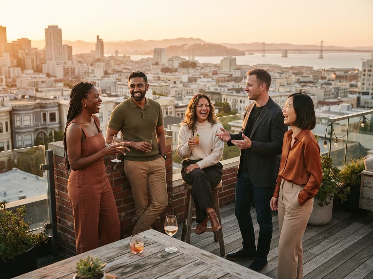 Five people talking and laughing on a San Francisco rooftop at golden hour