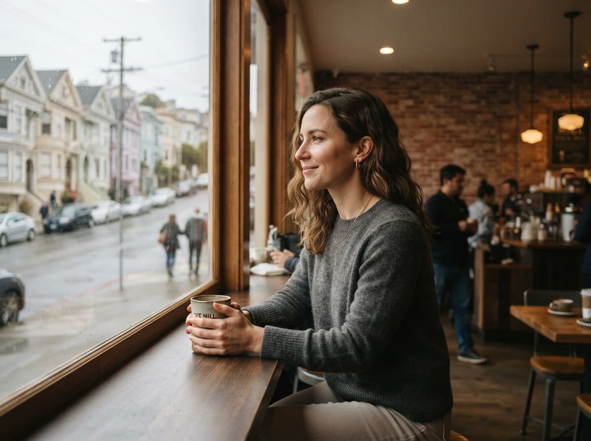 A woman sitting at a café window looking out at a San Francisco street